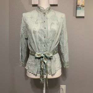 Details! Details! Adorable sage green with lace trim! Attached belt is 100% silk